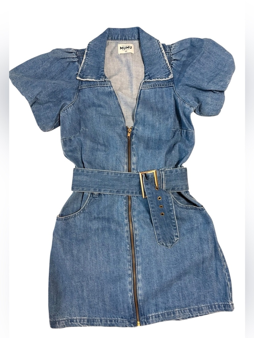 Show Me Your MuMu Oxford Puff Sleeve Belted Zip Up Mini Dress in Stormy Blue- XS - Picture 4 of 9